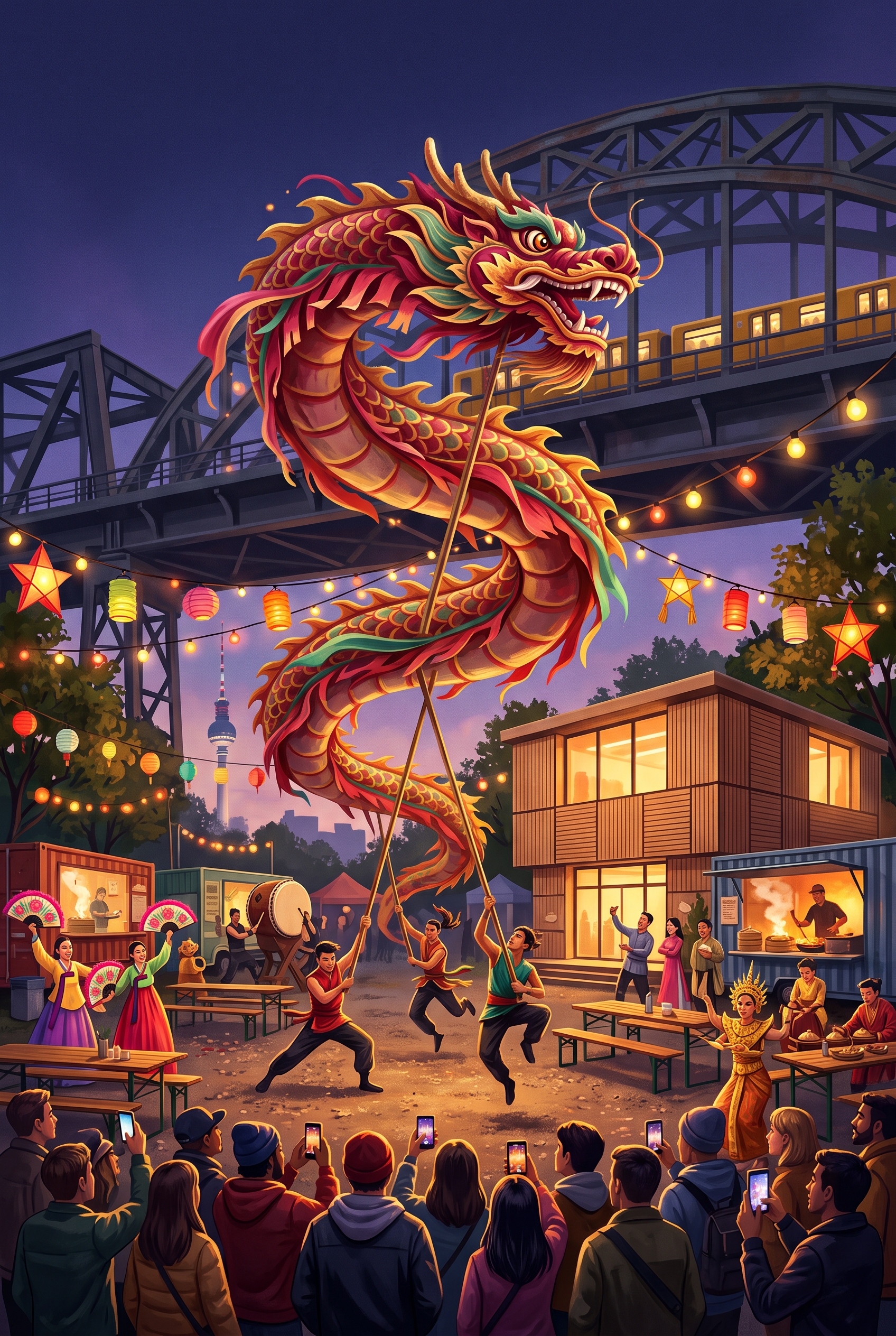 Dragon Fest poster: dragon dance under lanterns at Jules B-Part am Gleisdreieck, Berlin